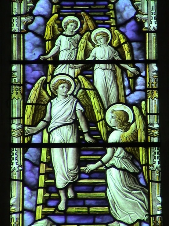 a picture of stained glass with angels on the stairs