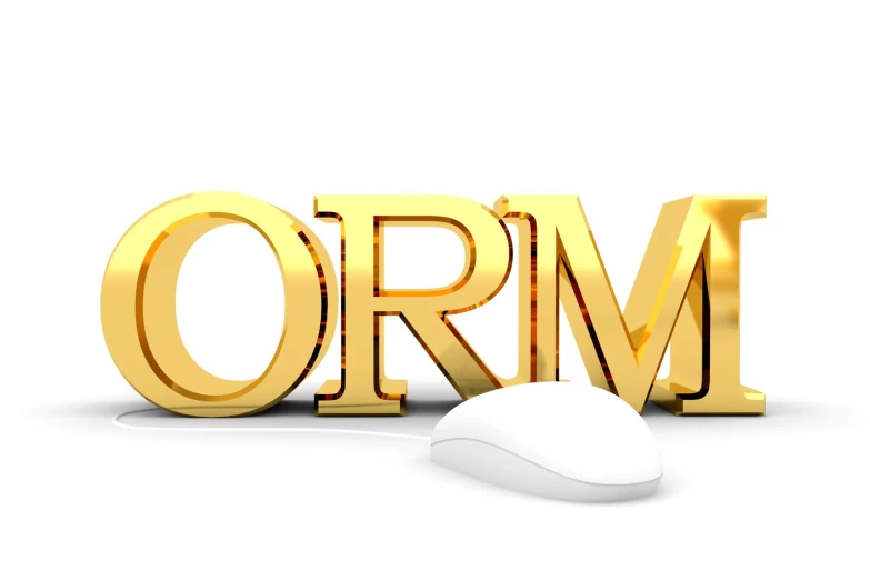 gold letters with a mouse on it that spell out crm