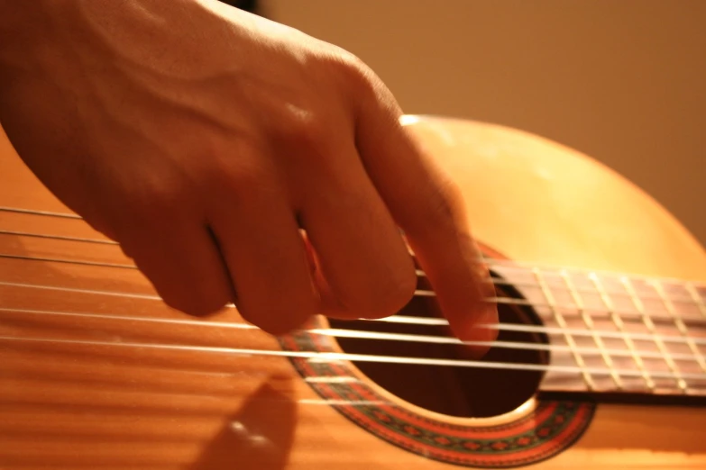 the fingers on the left hand of a person with a wooden guitar