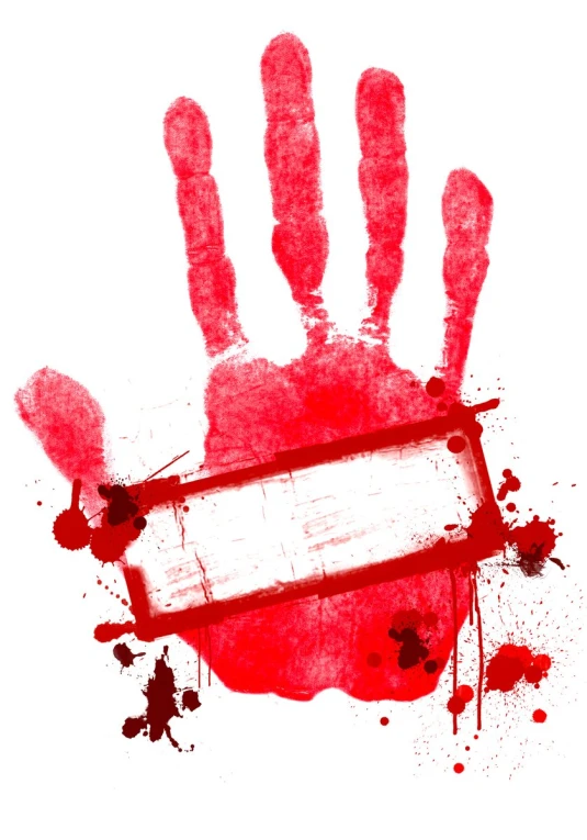 a  splattered hand with a framed sign