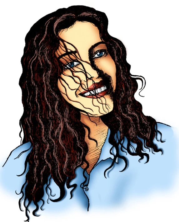 an animated picture of a woman wearing long curly hair