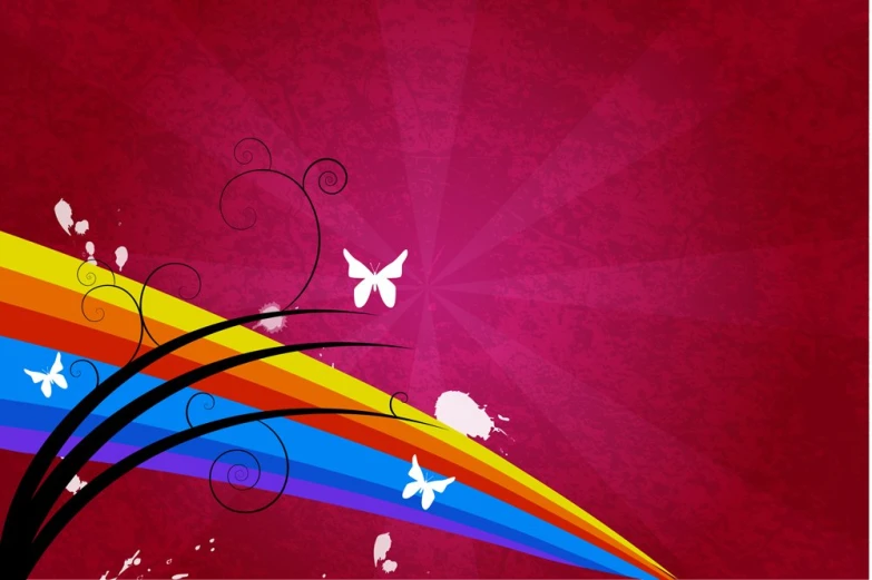 a erfly and rainbow design on a maroon background