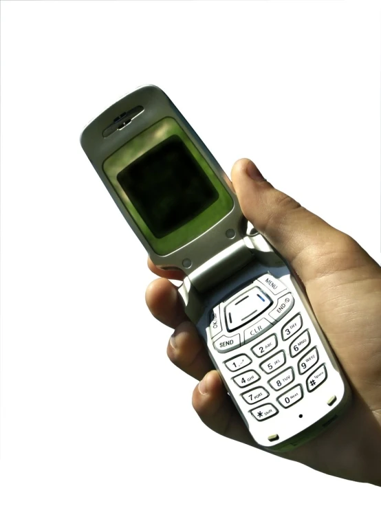 a person holding a flip phone with a blank screen