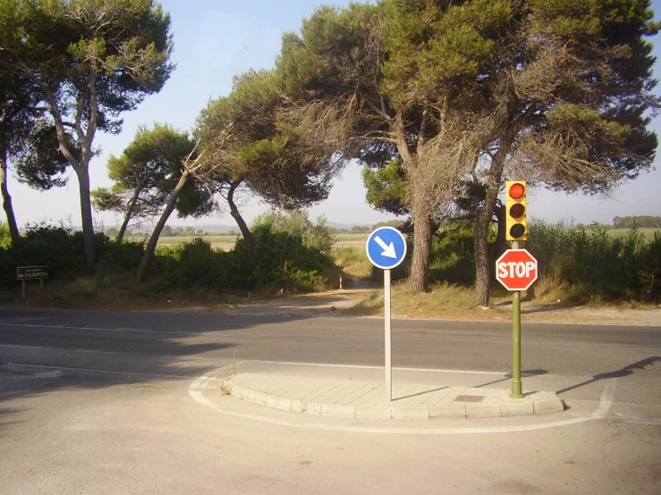 a red stop and blue stop sign at an intersection