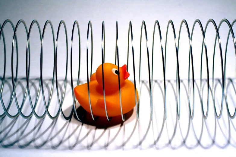 an orange rubber duck in a wire sculpture