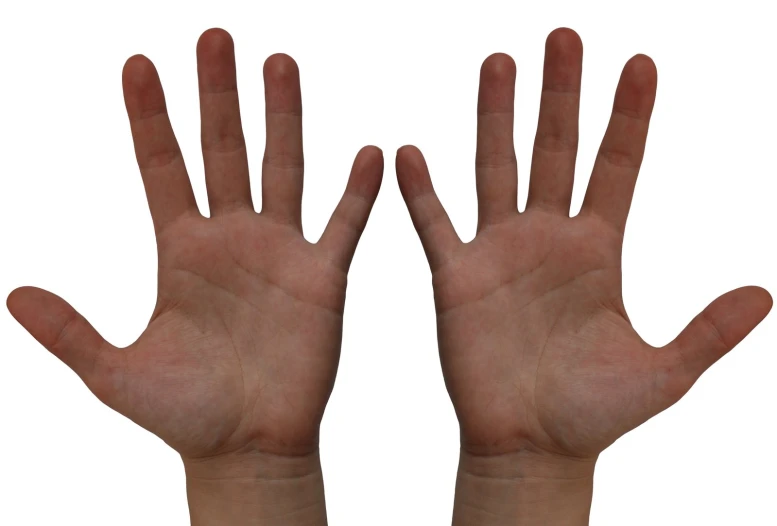 two hands are held open up in front of white background