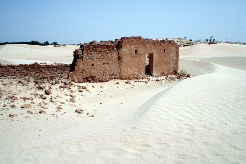 a dirt building stands out in a plain