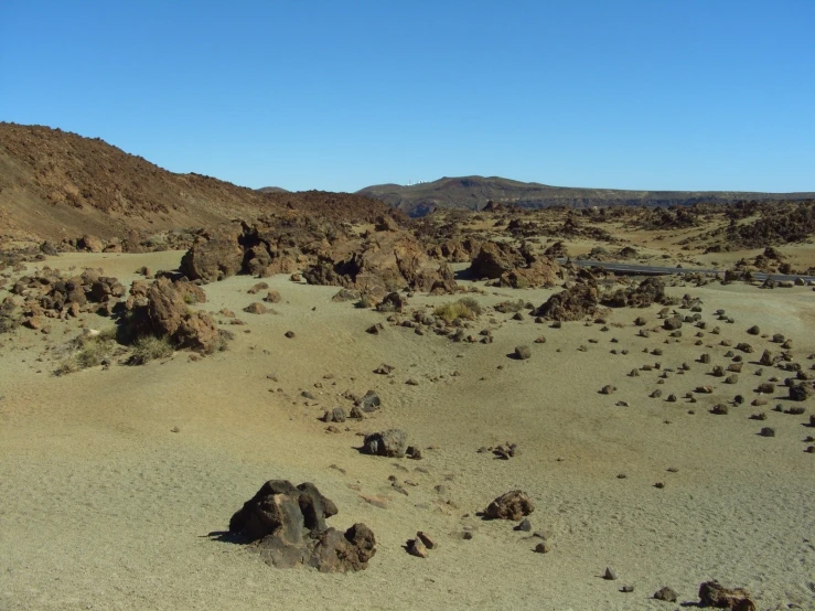 a rock field with rocks and plants and a car in the background