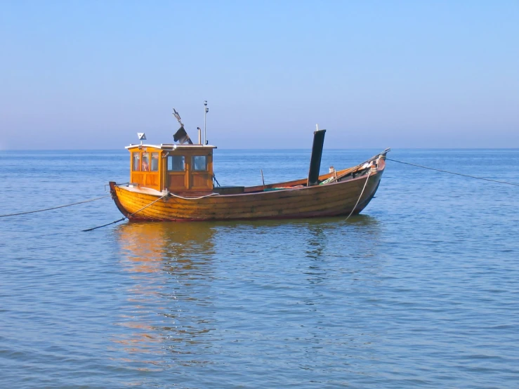 a boat with an outboard stands in the water