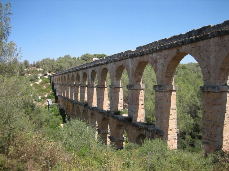 old brick bridge overlooking trees and shrubs on a clear day