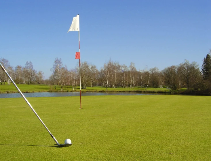 a golf ball is near a white flag on the grass