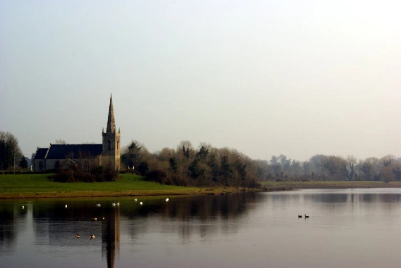 several geese swimming in a lake at a church