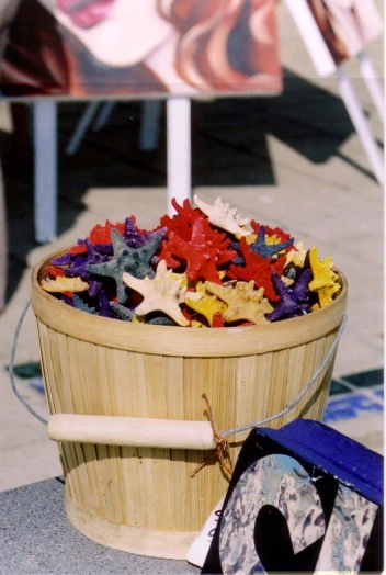an open wooden bucket filled with assorted starfish
