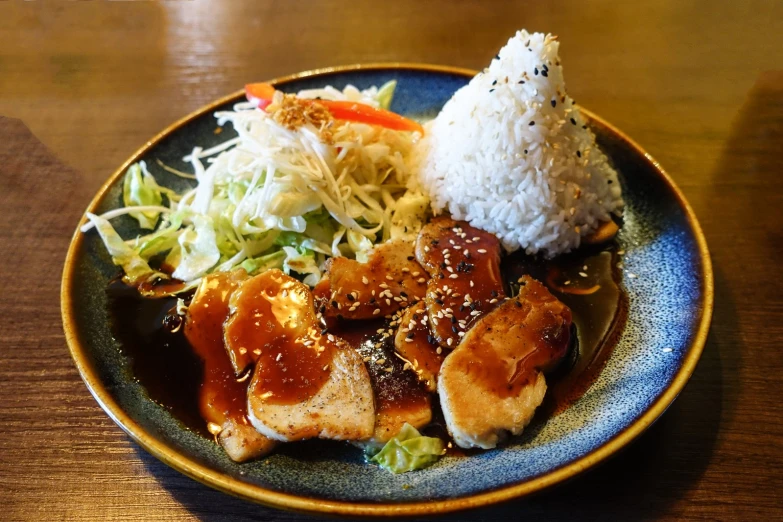 a blue plate filled with meat, vegetables and rice