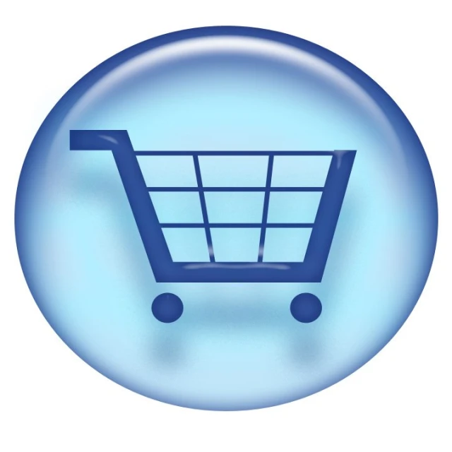 a blue glass - like round on with an image of a shopping cart inside it