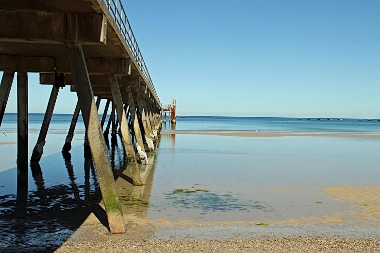 a long wooden pier stretches out into the ocean