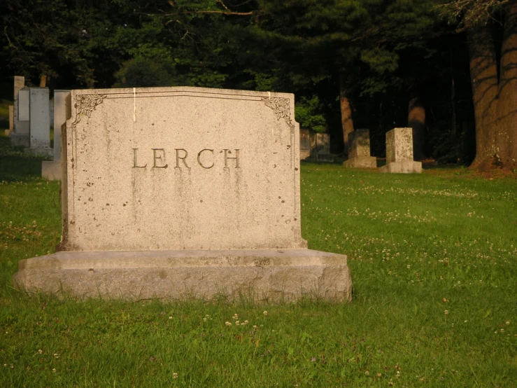 a headstone sits in the grass near a cemetery