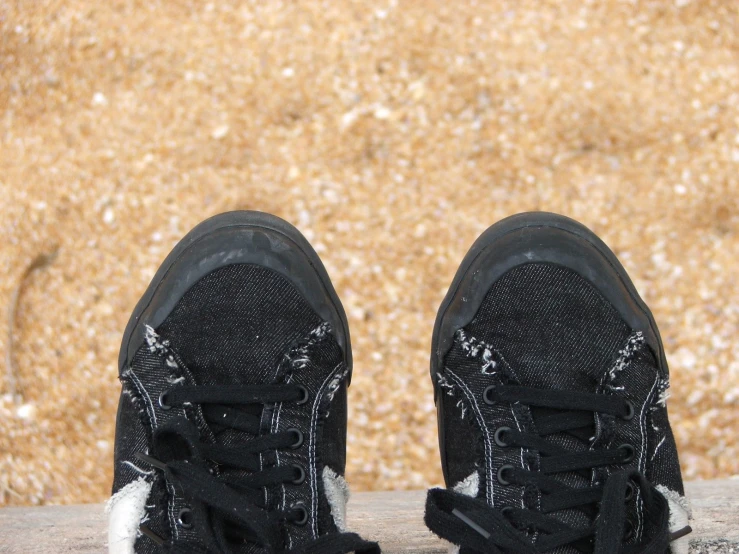 the black sneakers with white fur are on top of a concrete slab