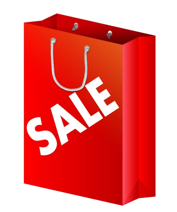 a red shopping bag with sale sign on it