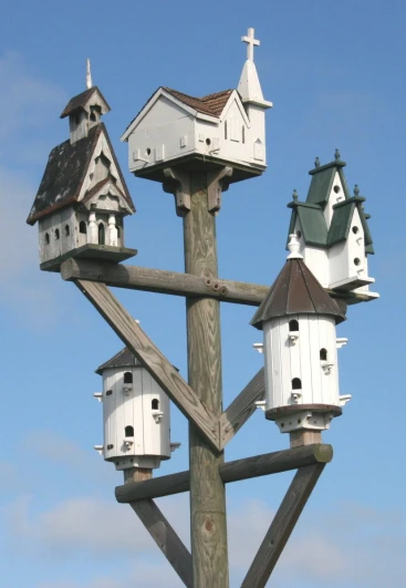 a group of birdhouses on the side of a wooden pole