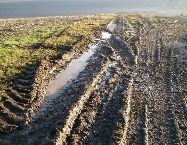 the muddy ground is being used to work in a field