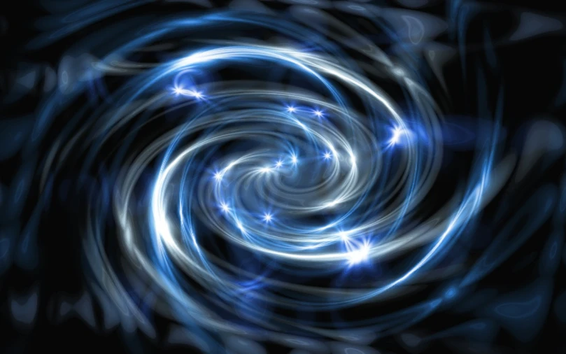 blue spiral design with sparkles and star bursts