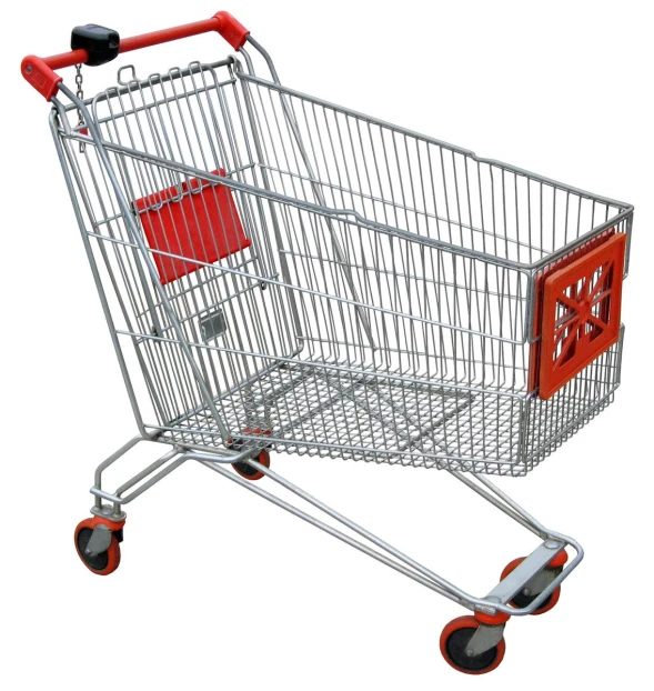 a shopping cart with wheels and an orange basket