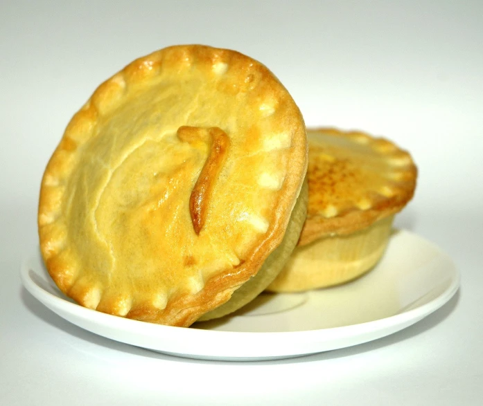 two pastries sitting on a plate with a gray background
