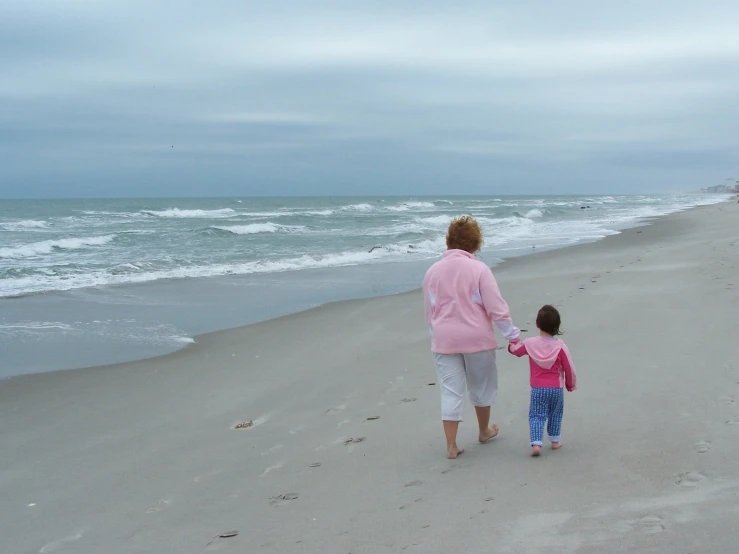 the mother and daughter are walking along the shore line