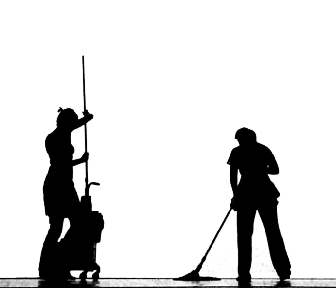 a man and woman with a mop and vacuum cleaner in silhouette