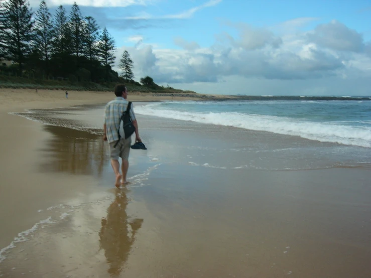 there is a man walking down the beach near the ocean