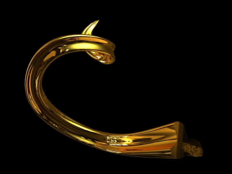 a golden curved object against a black background
