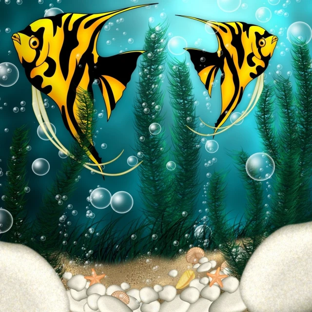 a painting of a couple of fishes swimming in a tank