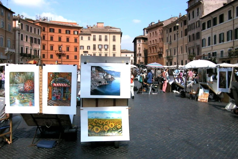 art market with display tables in the middle