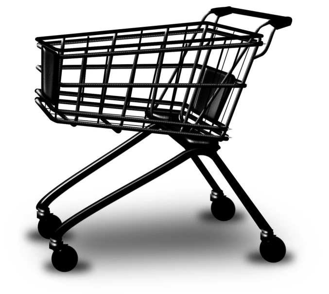 a metal grocery cart on wheels is shown