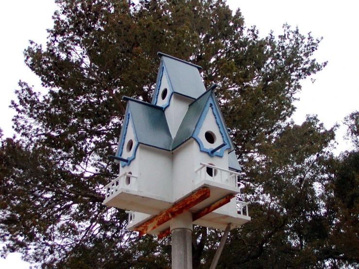 a blue and white bird house sits in a tree