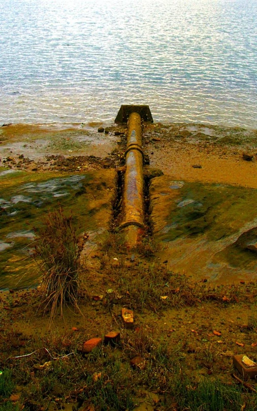 water and dirt near a pipe and grass