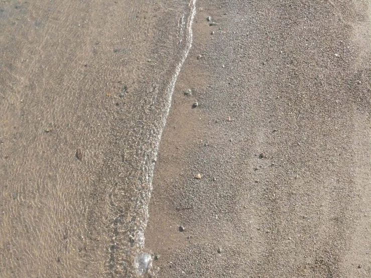 a beach line is shown with a surf board