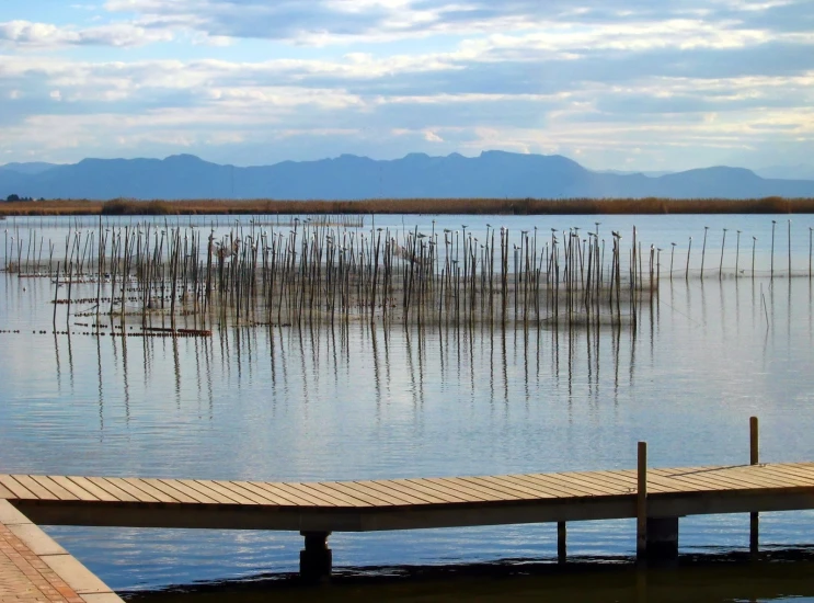 some docks on the side of water with some water and mountains in the background