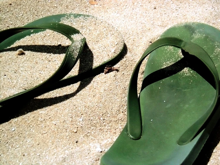 a pair of green shoes left out on a sidewalk