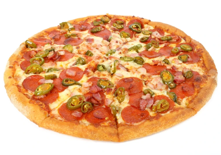 there is a pizza with several pepperoni and jalapenos