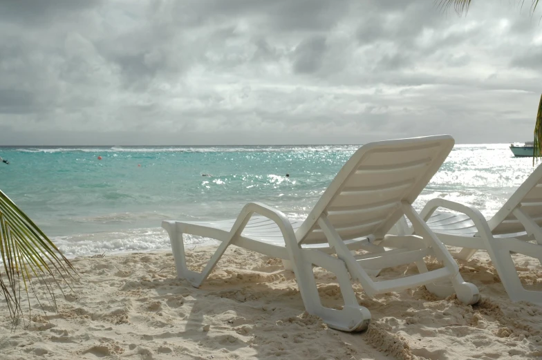 two white lounge chairs sit on the beach next to a green tree