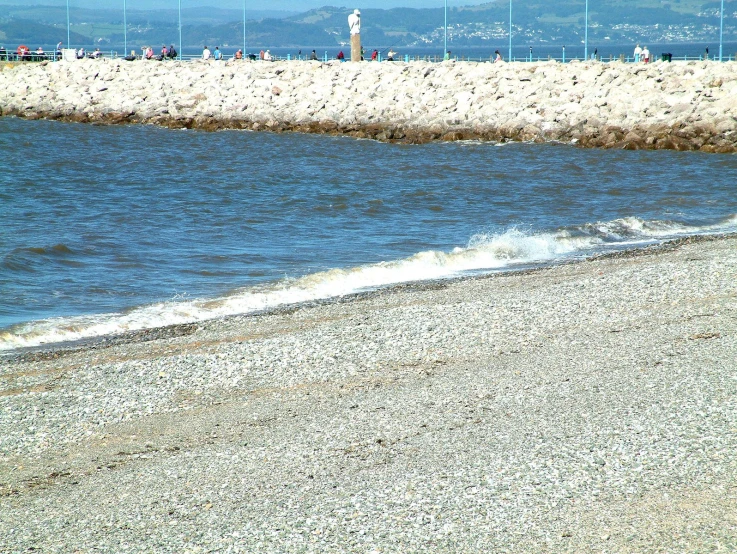 a beach has waves and people standing on it