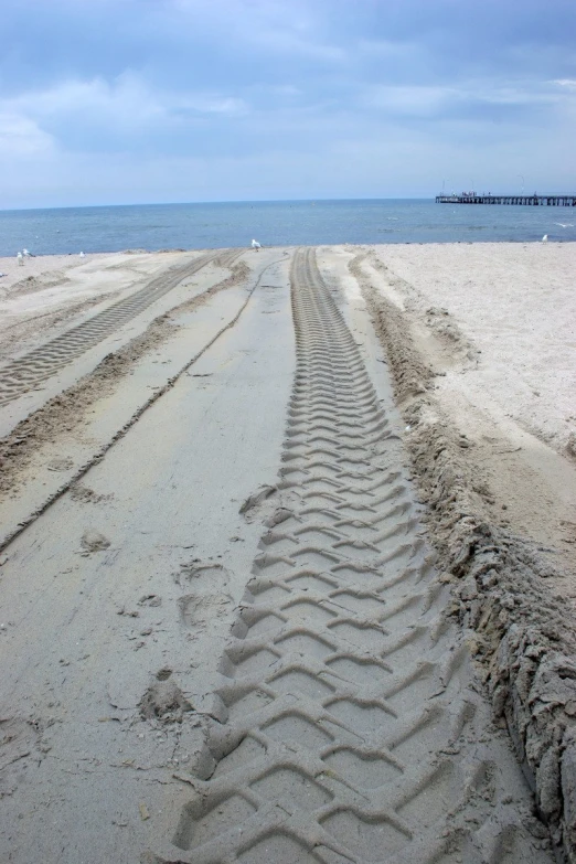 a sand path lined with waves on a beach