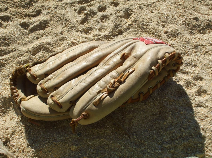 a baseball glove laying in the sand on top of a field