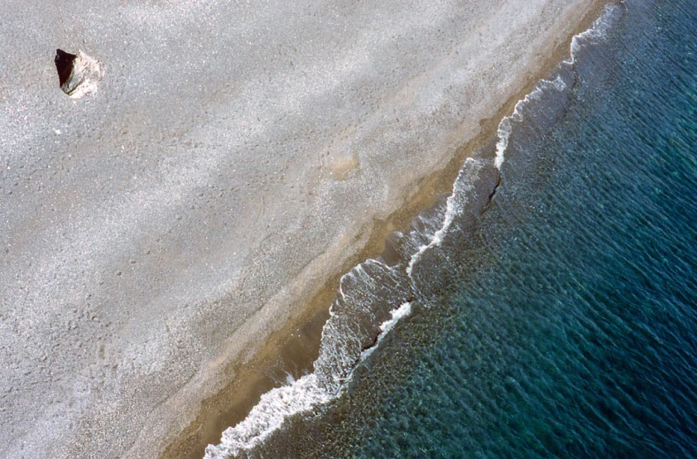 an aerial view of the coast and sea with a single bird flying over