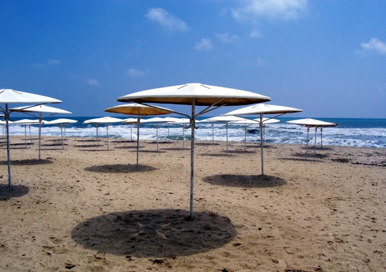 a group of umbrellas are arranged in the sand