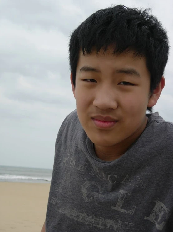 the  is making faces while standing on the beach