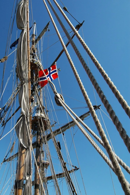 the bow of a tall sailing ship, with some ropes