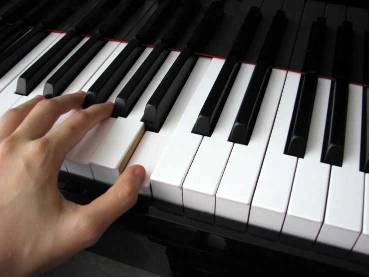 a person holding on to a black and white piano